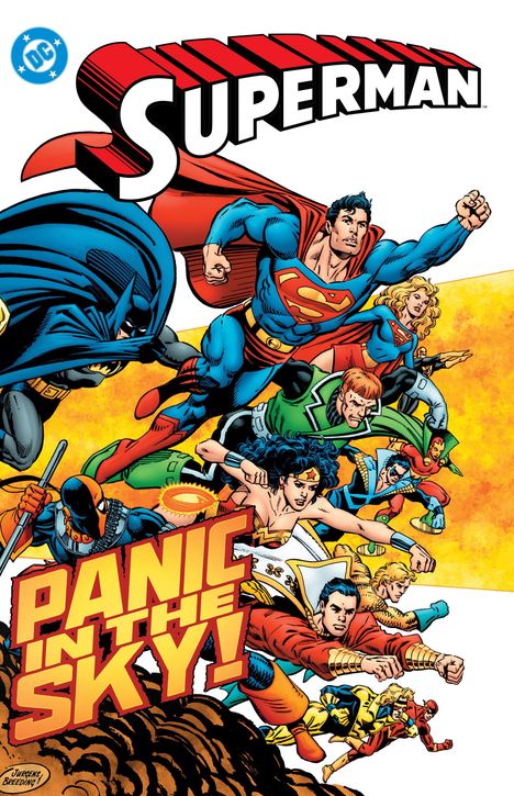 "SUPERMAN", "PANIC IN THE SKY!" Helden fliegen dynamisch nach rechts, Superman im Vordergrund, leuchtende Farben. Illustration.