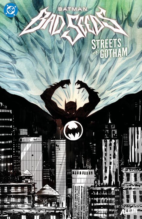 Text: "BATMAN BAD SEEDS STREETS OF GOTHAM." Illustration: Eine große Batman-Silhouette über einer Stadt.