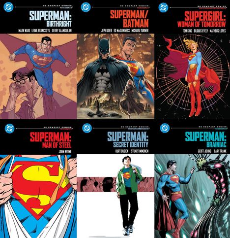 Texte: "Superman: Birthright", "Superman/Batman", "Supergirl: Woman of Tomorrow", "Superman: Man of Steel", "Superman: Secret Identity", "Superman: Brainiac". Jede Serie zeigt ikonische Helden in dynamischen Posen.