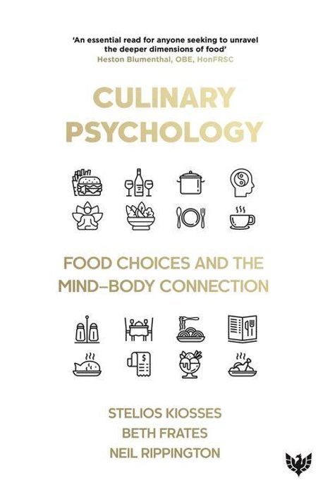 „Culinary Psychology: Food Choices and the Mind-Body Connection“. Illustrationen von Küchenutensilien und Lebensmitteln.