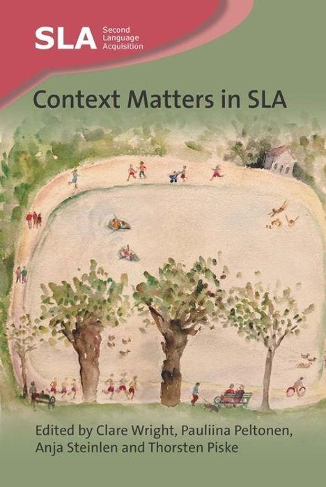 „Context Matters in SLA“ steht in der Mitte. Unten sind die Namen Clare Wright, Pauliina Peltonen, Anja Steinlen und Thorsten Piske. Eine Aquarell-Illustration zeigt Menschen, die in einem Park entspannen, mit Bäumen und einer kleinen Hütte. Oben links ist ein Logo mit den Buchstaben „SLA“.