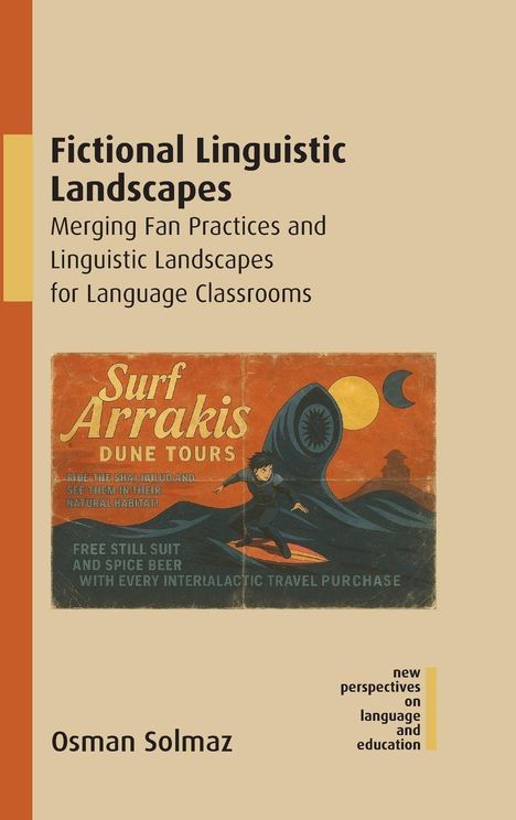 Titel: "Fictional Linguistic Landscapes". Illustration: Person surft auf großer, stilisierter Welle.