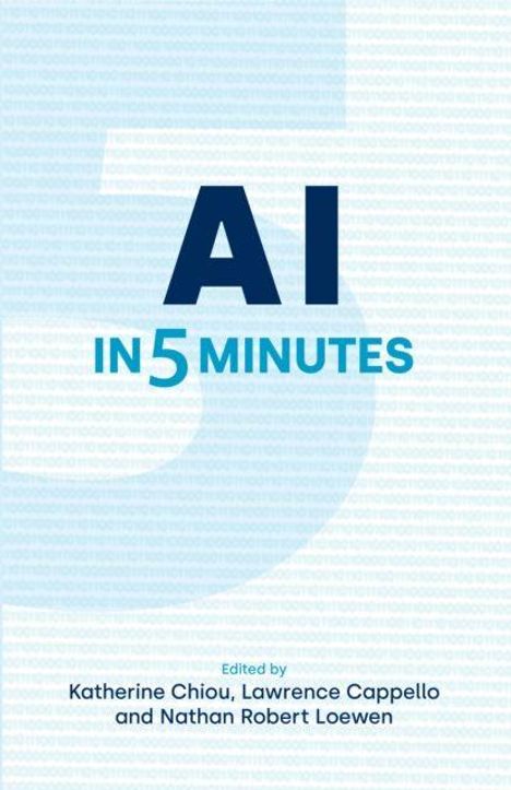 Text: „AI IN 5 MINUTES“. Unten: Herausgebernamen. Hintergrund: Große blaue "5".