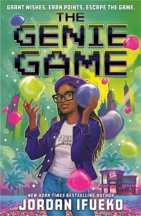 "The Genie Game" in Pixel-Schrift, buntes Cover mit Frau in lila Jacke und Mütze, Stadtlandschaft und schwebenden Blasen.