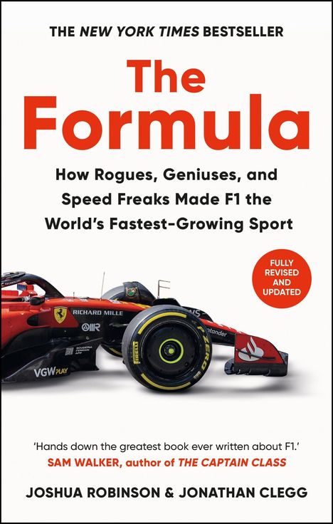 "The New York Times Bestseller," "The Formula," ein F1-Auto in Rot mit Logos und Namen der Autoren Joshua Robinson & Jonathan Clegg.