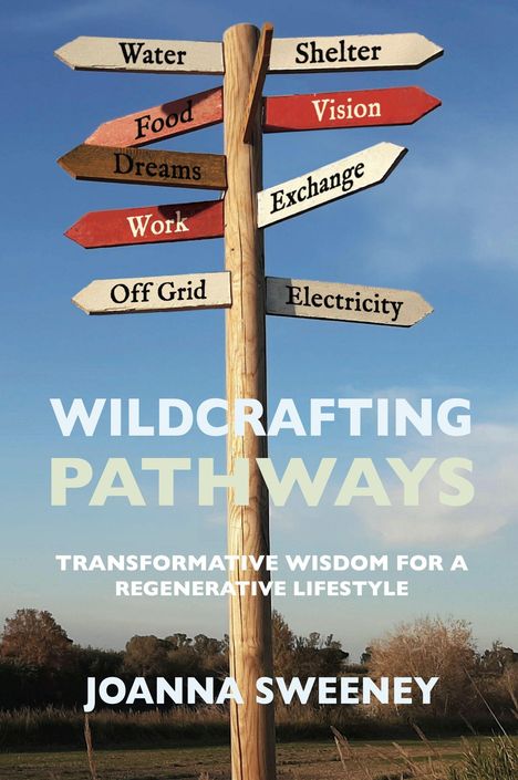 Ein Wegweiser zeigt in verschiedene Richtungen mit Worten wie "Water," "Shelter," "Food". Darunter: "WILDCRAFTING PATHWAYS."