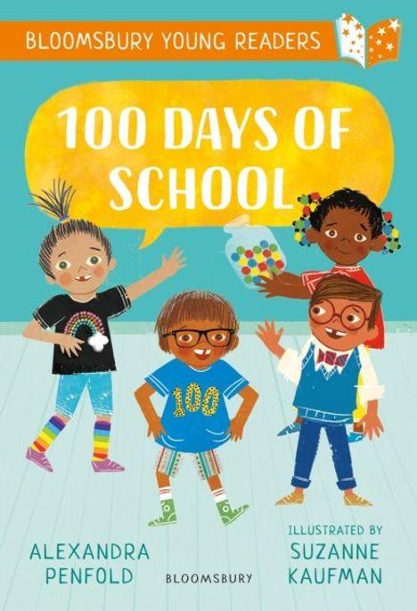 "100 DAYS OF SCHOOL" zeigt vier fröhliche Kinder in bunter Kleidung auf einer Illustration.