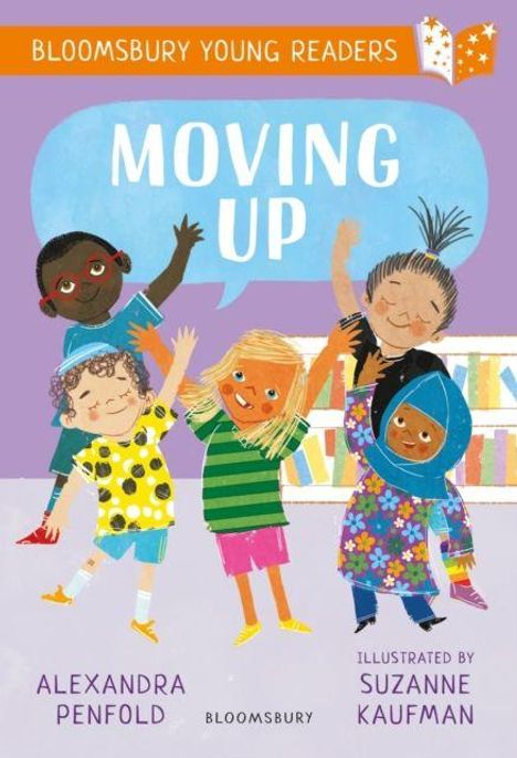 "Moving Up", fröhliche Kinder in bunten Outfits, tanzend und lächelnd, mit diversen Hauttönen, darunter ein Regenbogen-Banner.