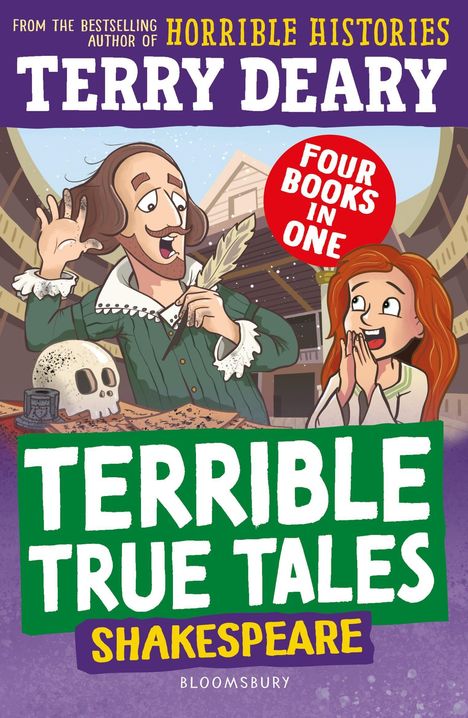 "Terrible True Tales: Shakespeare" von Terry Deary, Illustration von Shakespeare und einem Mädchen in einem Theater.