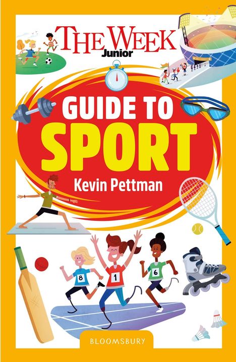 „GUIDE TO SPORT“, roter Hintergrund, Figuren beim Sport: Laufen, Yoga, Cricket. Sportausrüstung wie Hanteln, Schläger.