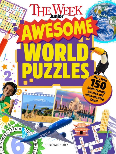 "AWESOME WORLD PUZZLES" in großen Lettern. Bunter Hintergrund mit Globus, Flugzeug, Tukan und Sehenswürdigkeiten.