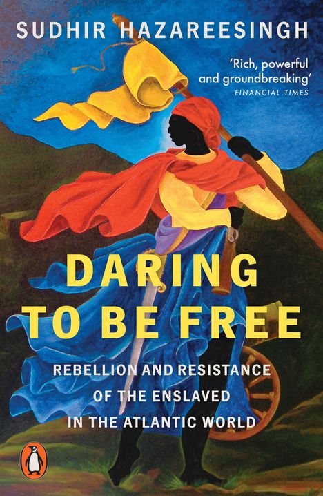 „Daring to be Free“ steht groß über einem farbenfrohen Gemälde einer Person mit rotem Umhang.
