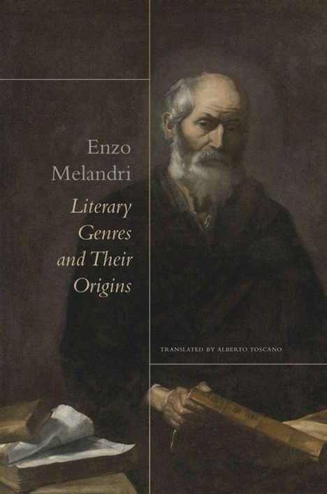 Text: Enzo Melandri, Literary Genres and Their Origins, Translated by Alberto Toscano. Eine Illustration eines alten Mannes mit Buch.