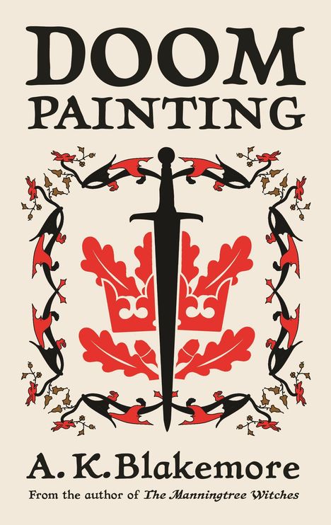 "Doom Painting", A.K. Blakemore, darunter Dolch, rote Ornamente, florale Verzierungen, mittelalterlicher Stil.