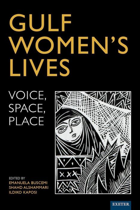"GULF WOMEN'S LIVES: VOICE, SPACE, PLACE" in großen Buchstaben. Unten Illustration einer Frau in traditioneller Kleidung.