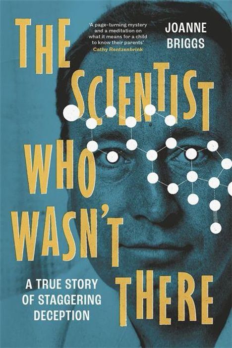 "The Scientist Who Wasn't There" von Joanne Briggs. Porträt eines Mannes mit weißen Molekülstrukturen über seinem Gesicht.
