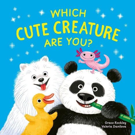 „Which Cute Creature Are You?“; fröhlicher Pandabär mit Bambus, lächelnder Hund, gelbe Ente und rosa Salamander vor blauem Hintergrund.