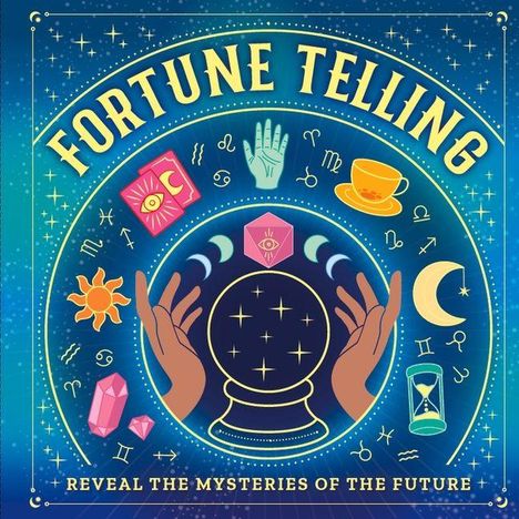 "FORTUNE TELLING", "REVEAL THE MYSTERIES OF THE FUTURE". Eine Illustration mit Symbolen: Kristallkugel, Hände, Sternzeichen.