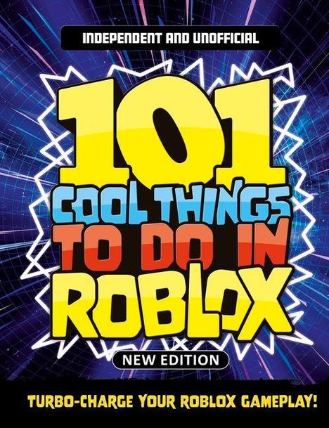 „101 Cool Things to Do in Roblox“, darunter „New Edition“. Farbiges, grafisches Design mit blitzartigen Linien.
