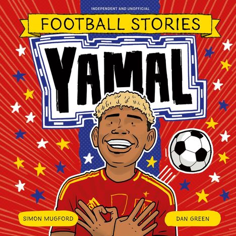 "FOOTBALL STORIES YAMAL" in kräftigen Buchstaben auf einem bunten Hintergrund. Ein lächelnder Junge in Fußballtrikot.