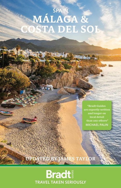 Oberer Text: "Spain Málaga & Costa del Sol". Unten Sandstrand, Felsen und Boote, im Hintergrund Gebäude und Berge.