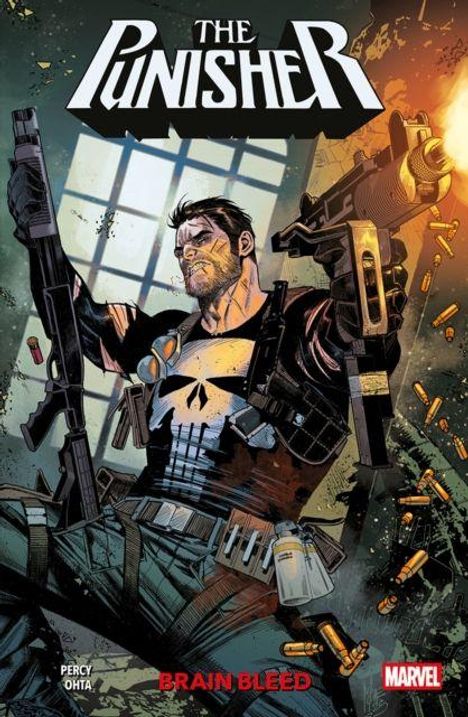 "The Punisher", "Brain Bleed". Illustration eines Mannes mit Totenkopf-Shirt und Waffen in actionreicher Szene.