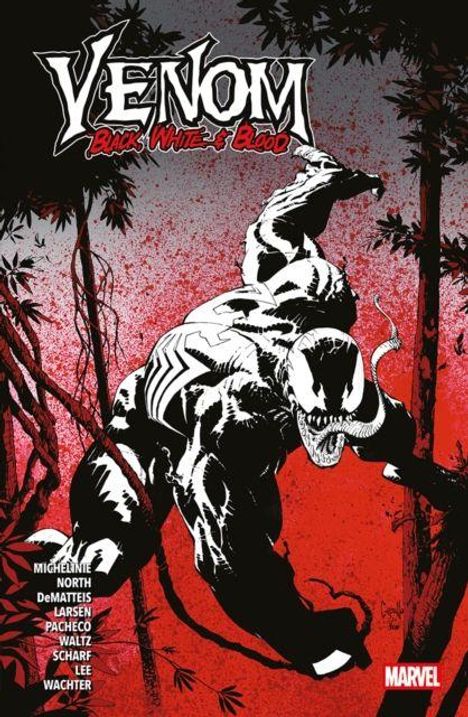 "VENOM: BLACK, WHITE & BLOOD" steht oben. Illustration von Venom in Schwarz-Weiß vor rotem Hintergrund mit Bäumen.