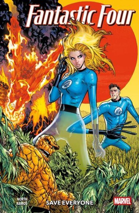 „Fantastic Four“; „SAVE EVERYONE“. Vier Superhelden in blauen Anzügen vor einem riesigen roten Sonnenuntergang.