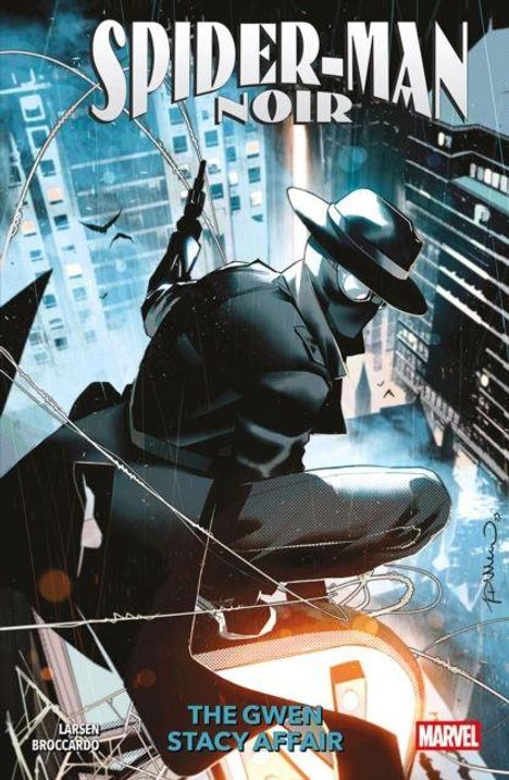 "SPIDER-MAN NOIR: THE GWEN STACY AFFAIR." Illustration zeigt eine düstere Figur mit Hut und Mantel vor einer Stadtlandschaft.