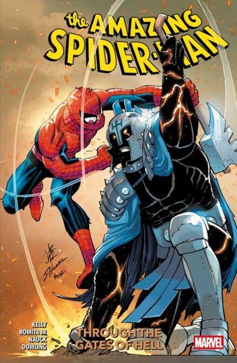 „The Amazing Spider-Man“, „Through the Gates of Hell“, obere Hälfte zeigt Spider-Man im Kampf mit gepanzertem Gegner.