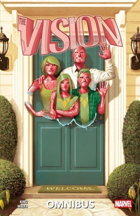 "The Vision" steht groß oben, darunter eine Familie mit künstlich wirkenden Figuren vor einer Haustür mit "Welcome"-Teppich.