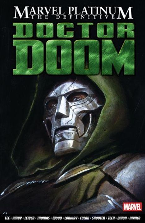"Marvel Platinum The Definitive Doctor Doom." Eine Zeichnung von Doctor Doom mit metallener Maske und grünem Umhang.