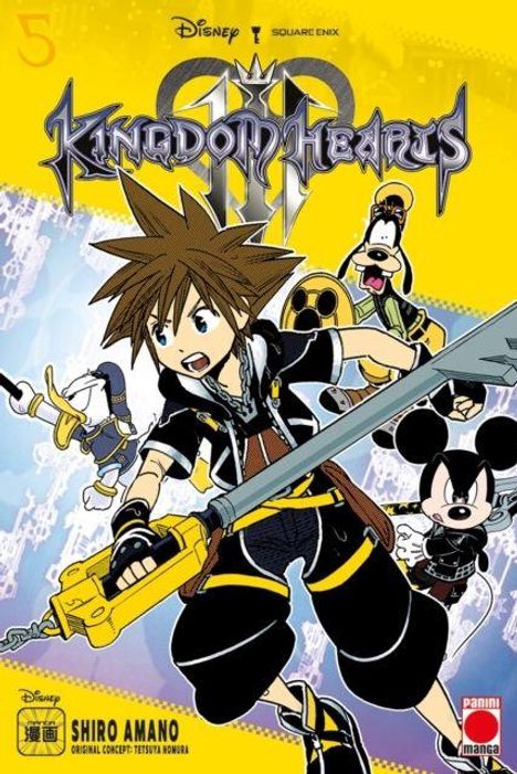 "Kingdom Hearts", Illustration mit Figuren in actionreicher Pose, gelber Schlüssel, schwarzes Outfit, lebhafte Mimik, Disney-Elemente.