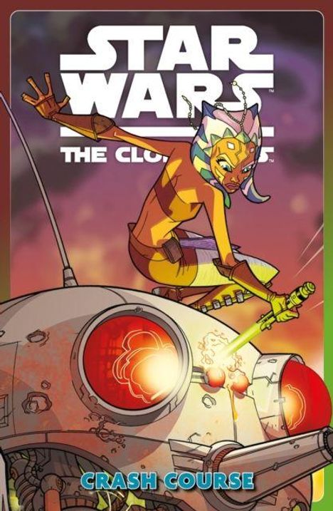 "Star Wars The Clone Wars Crash Course." Eine Figur mit Lichtschwert auf einem futuristischen Gefährt. Comic-Stil.