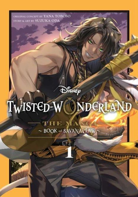 Text: Disney Twisted-Wonderland The Manga: Book of Savanaclaw 1. Illustration eines muskulösen Charakters mit einem Stab.
