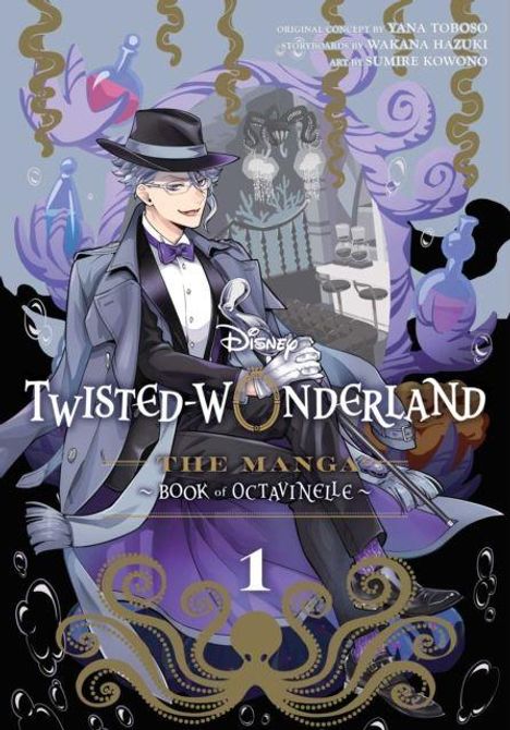 „Twisted-Wonderland: The Manga, Book of Octavinelle, 1“.  
Ein Mann mit Brille und Hut, umgeben von Oktopus-Tentakeln.