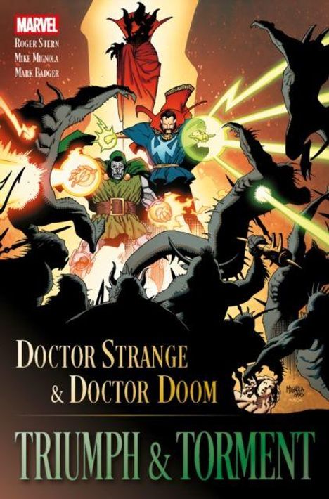 Texte: Doctor Strange & Doctor Doom: Triumph & Torment. Oben eine überwältigende Kampfszene mit Magie und Dunkelheit.