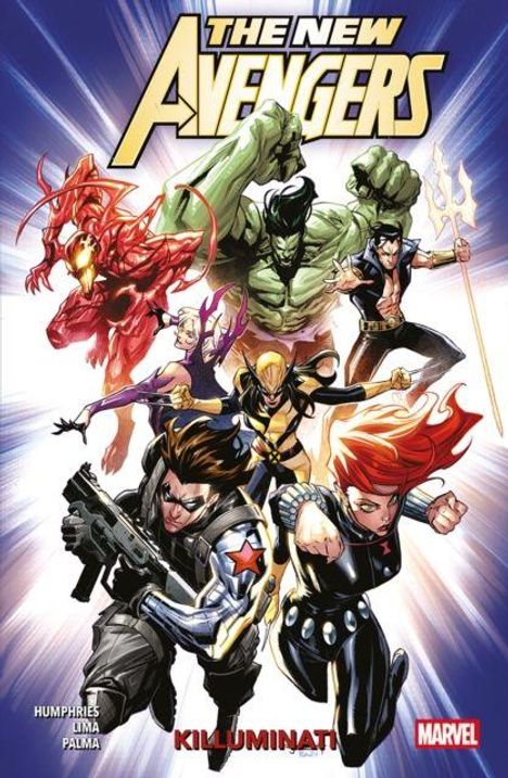 "The New Avengers: KILLUMINATI" steht über einer dynamischen Superheldengruppe in einer farbenfrohen Comic-Illustration.