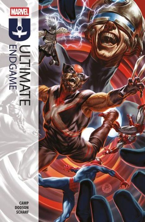 „Ultimate Endgame“ steht neben mehreren Superhelden in dynamischer Pose, darunter Wolverine und Spider-Man.