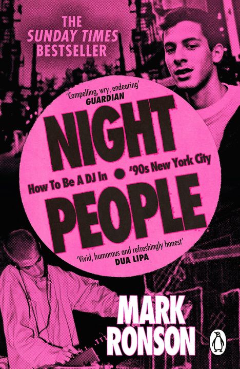 „THE SUNDAY TIMES BESTSELLER“, „NIGHT PEOPLE“, „MARK RONSON“. Ein DJ mixt auf einem Deck, stilisiertes Porträt.