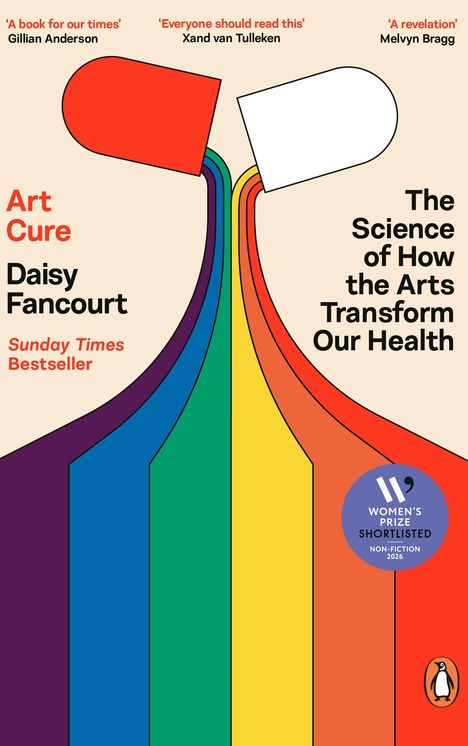 "Art Cure" von Daisy Fancourt. Illustration zeigt zwei Pillen, aus denen bunte Linien strömen.