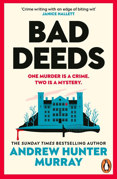 „BAD DEEDS“, „One murder is a crime. Two is a mystery.“ Illustration einer Burg, Bäume und ein Fluss.