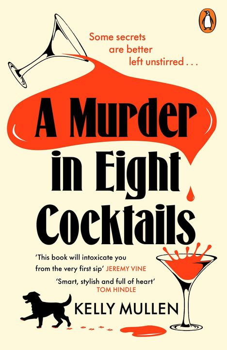 Titel: "A Murder in Eight Cocktails". Ein umgekippter Cocktail, Hund mit Pfotenabdrücken, Name: Kelly Mullen.