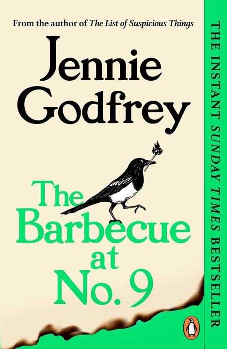 Text: "Jennie Godfrey", "The Barbecue at No. 9". Eine Elster trägt ein brennendes Streichholz im Schnabel.