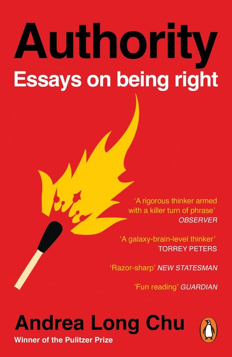 Rote Illustration mit einem brennenden Streichholz. Texte betonen kluge, scharfe Essays von Andrea Long Chu.