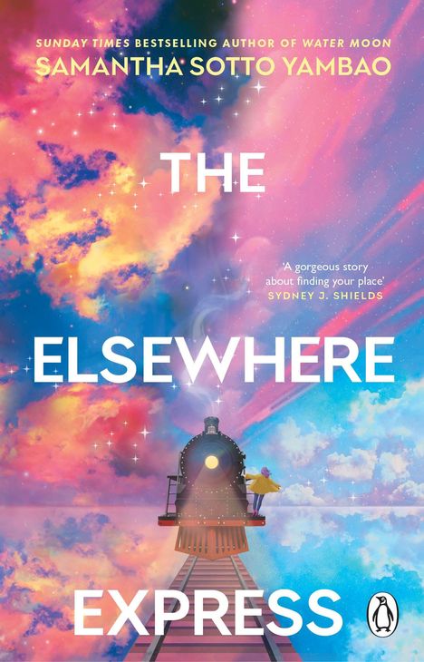 Buchtitel: "THE ELSEWHERE EXPRESS". Illustration: Zug auf Schienen in farbenfrohem Himmel, eine Figur blickt nach vorne.