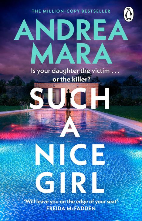 "SUCH A NICE GIRL" steht dominierend in weiß; Pool, Person im Hintergrund, Abendstimmung, farbig leuchtendes Wasser.