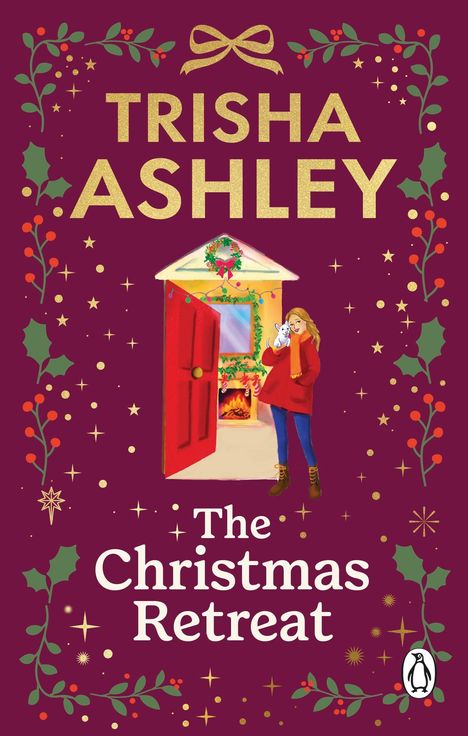 "TRISHA ASHLEY The Christmas Retreat" steht auf einem weinroten Hintergrund mit weihnachtlichen Verzierungen.