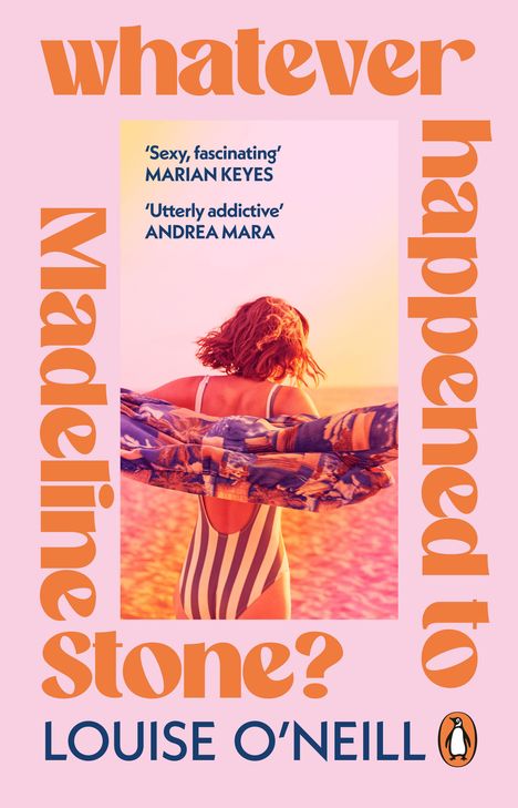 Buchtitel: "whatever happened to Madeline Stone?" Autor: Louise O'Neill. Frau am Strand mit gestreiftem Badeanzug.