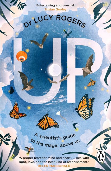 „UP“ von Dr. Lucy Rogers, umgeben von Himmels- und Tiermotiven wie Fledermäusen und Schmetterlingen.